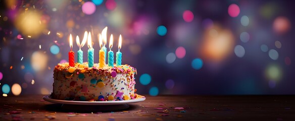 A birthday banner with a picture of a birthday cake with candles, confetti and balloons on a bokeh-style background, with an empty copy space.