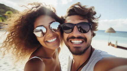 Selfie picture of a young happy couple outside on vacation , handsome boyfriend and beautiful girlfriend having fun on summer holiday