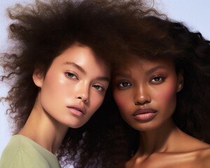 Obraz premium In this vibrant portrait, two women confidently show off their stylish fashion choices, from their colorful clothing to their unique hairstyles adorned with hairpieces and ringlets, emphasizing their