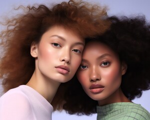 Obraz premium This stunning portrait captures the natural beauty of a group of young women, showing off their fashionable hairstyles, clothing, and face care as they express their unique individual style