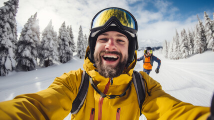 Fototapeta na wymiar Selfie picture of young happy skier outside , man having fun on weekend activity in ski resort vacation doing winter sport