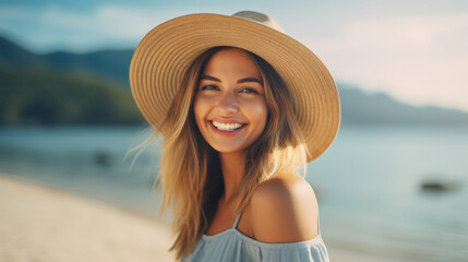 Happy young woman with hat smiling and laughing standing outside at beach on a sunny summer day , pretty female enjoying ocean relaxing outdoors with copy space