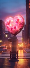 On a bustling city street, a heart-shaped traffic light hangs in the night sky, its soft glow illuminating the towering skyscrapers and dark clouds that surround it
