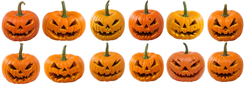 collection of halloween pumpkins / cucurbita / squash - Jack o Lantern - isolated on transparent background cutout - png - mockup for design - image compositing footage - alpha channel, horror, autumn