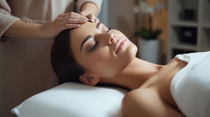 Obraz na płótnie Canvas Cute girl beautician customer receiving a beauty treatment lying on beauty bed