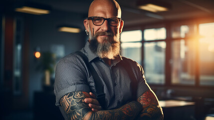 Portrait of a 50 year old man tattooed at the office
