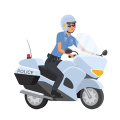 Policewoman riding motorcycle. Patrol police officer on motorbike cartoon vector illustration