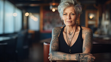 Portrait of a 50 year old woman tattooed at the office