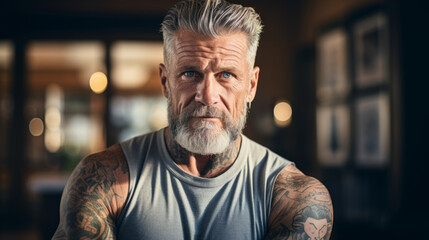 Fototapeta premium Portrait of a 50 year old man tattooed at the office