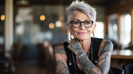 Portrait of a 50 year old woman tattooed at the office
