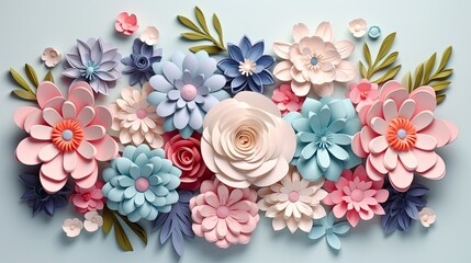 Fototapeta na wymiar flower card design 3d template, in the style of feminine sticker art, paper sculptures, shaped canvas, floral motifs, color art, pastel-hued