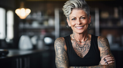 Portrait of a 50 year old woman tattooed at the office