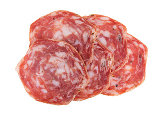 Overhead view of five slices of sweet sopressata on a white background.
