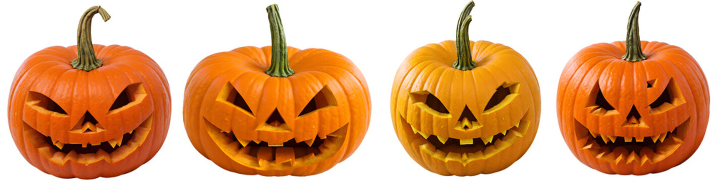 set of halloween pumpkins with a face - Jack o Lantern - isolated on transparent background cutout - png - mockup for design - image compositing footage - alpha channel - horror - fall - autumn