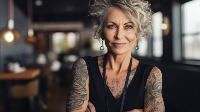 Portrait of a 50 year old woman tattooed at the office