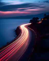 Car light trails on the road at night. Long exposure photo.