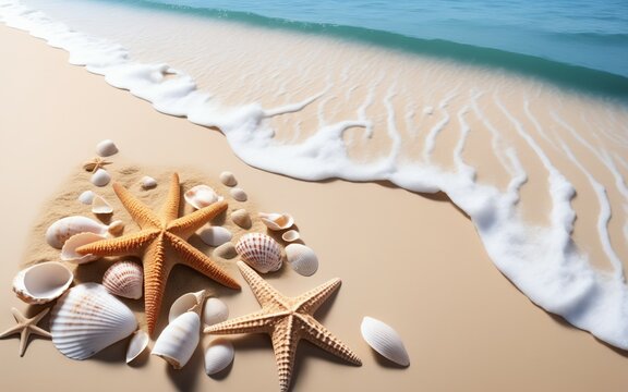 Holiday picture with blank space for writing text, starfish and shells on the beach, sand, sea, tropical island, generative ai