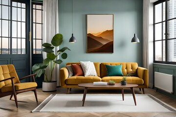 Frame mockup in contemporary modern living room with a mustard yellow velvet sofa