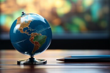 A small blue globe rests on a desk next to a pen