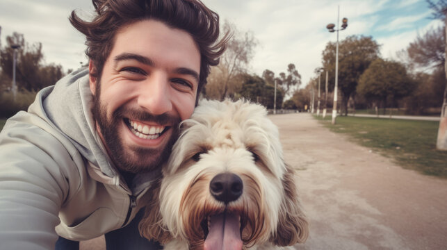 Selfie picture of a young happy man walking his dog in a park , smiling guy and pet having fun together outdoor , friendship and love between humans and animals
