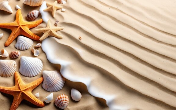 Holiday picture with blank space for writing text, starfish and shells on the beach, sand, sea, tropical island, generative ai