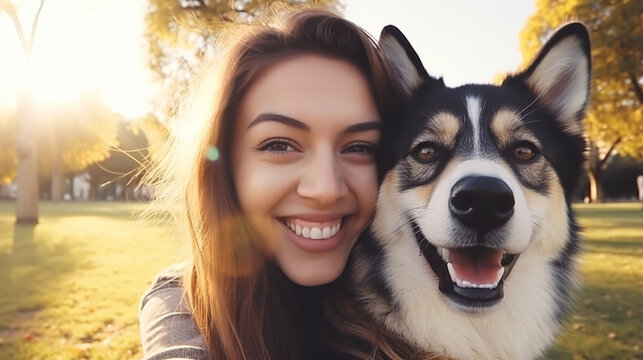 Selfie picture of a young happy woman walking her dog in a park , smiling girl and pet having fun together outdoor , friendship and love between humans and animals