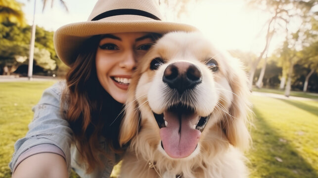 Selfie picture of a young happy woman walking her dog in a park , smiling girl and pet having fun together outdoor , friendship and love between humans and animals