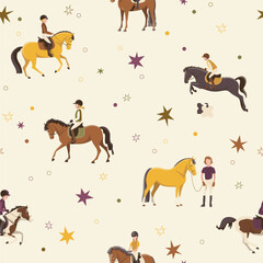 Kids riding ponies, seamless vector patternм
