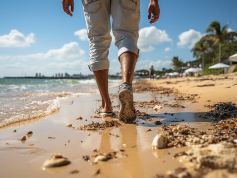 a person walking on sandy beach