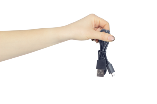 charging cable, USB cable - mini USB in hand isolated from background, concept to pass or throw away