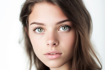 Headshot portrait photography of a tender girl in her 20s covering one eye against a white background. With generative AI technology