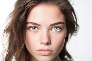Obraz premium Headshot portrait photography of a tender girl in her 20s covering one eye against a white background. With generative AI technology