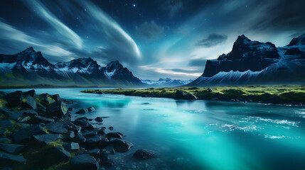 Fototapeta premium Northern lights over the sea. Aurora borealis in the night sky