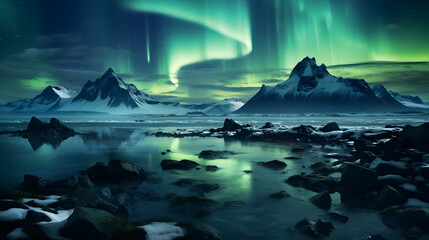 Northern lights over the sea. Aurora borealis in the night sky