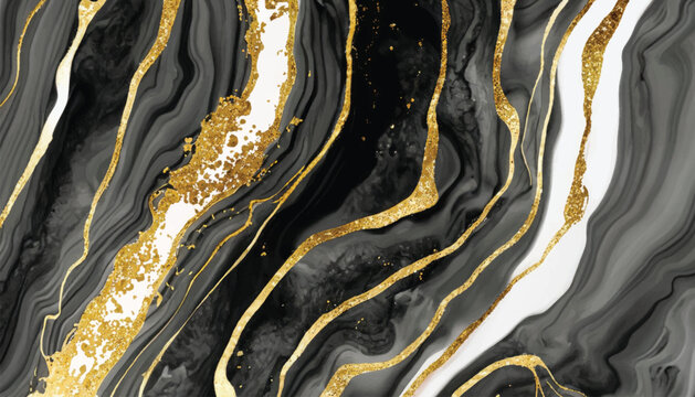 Abstract black and gold ink vector art background for cover design, card, flyer, poster and design Hand drawn vector. Fluid art Monochrome watercolour backdrop Black stone Marble.