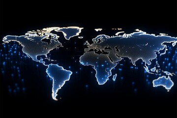 Fototapeta na wymiar Globalization depicted. Neon dots intricately form world map with luminance