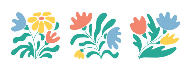 Flowers,organic trendy modern naive floral shape,botanical groovy simple aesthetic plant.Hand-drawn minimal style,abstract boho summer naive decor.Isolated.Vector illustration