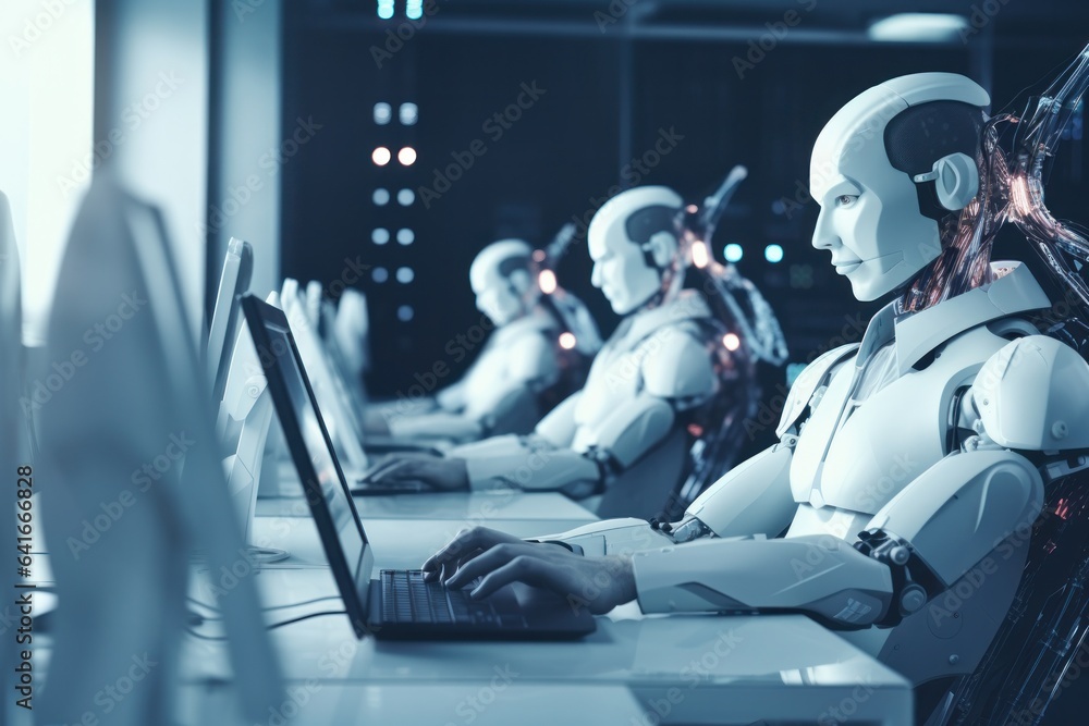 Wall mural futuristic office: robot at computer, typing and supporting, representing the advanced it team of to