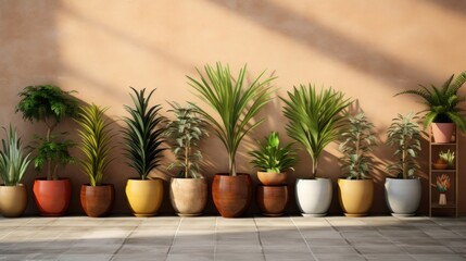 Row of potted houseplants against a wall backdrop, featuring succulents and palm leaves.