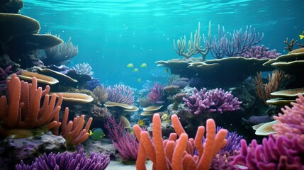 Vibrant undersea paradise: Neon coral, anemones, and plants adorn tropical coral reef backdrop, creating a colorful undersea world.
