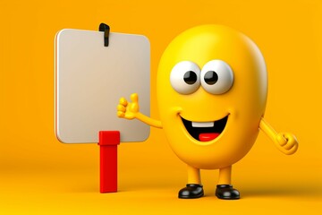 Fototapeta premium Mascot directs. Map pointer with ad stand on yellow backdrop