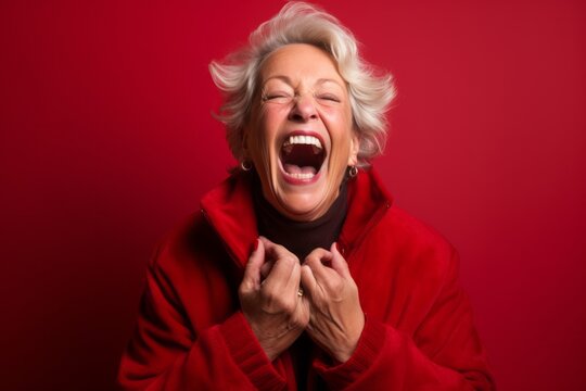 Medium shot portrait photography of a joyful mature woman placing the hand over the mouth in a laughter gesture against a red background. With generative AI technology