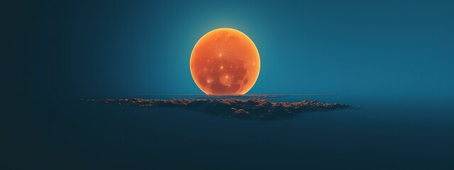 Surreal 3D stereoscopic orange sun (planet) on a blue background (ultra wide ratio), with water...