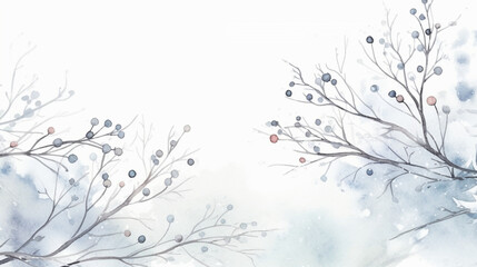 Fototapeta na wymiar Delicate Snow-Covered Branches and Seasonal Wishes Merry Christmas Postcard, watercolor style, with copy space