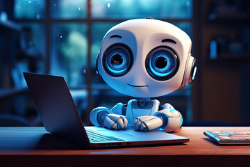 cute little robot work on computer digital technology illustration