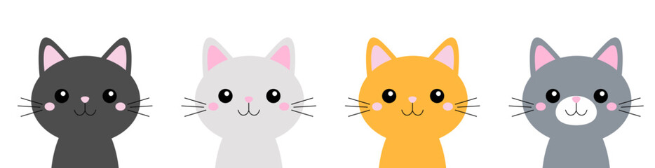 Four cat icon set line. Cute kitten face head body silhouette. Different colors. Funny kawaii cartoon baby character. Happy Valentines Day. Sticker print template. Flat design. White background. © worldofvector