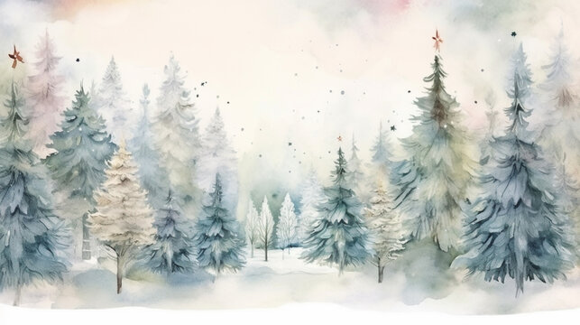 Enchanted Winter Forest and Magic of the Season Merry Christmas Postcard, watercolor style, with copy space