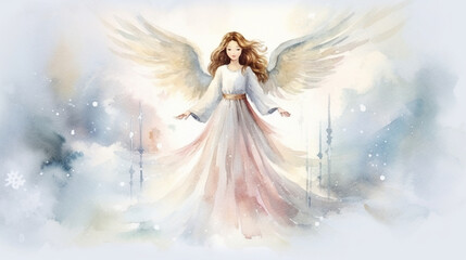 Graceful Angel and Heavenly Merry Christmas Blessings Postcard, watercolor style, with copy space