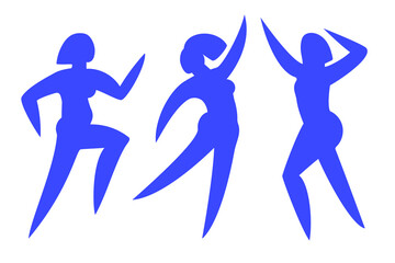 Dancing women.Contemporary silhouette organic shapes,hand drawn blue female roundelay.Flat human figures,bodies moving.Fashion modern trendy poster.Can use every girl apart.Isolated. Vector