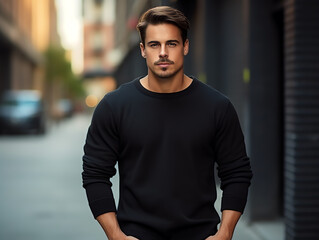 Attractive young man wearing blank empty black t-shirt long sleeves mockup for design template